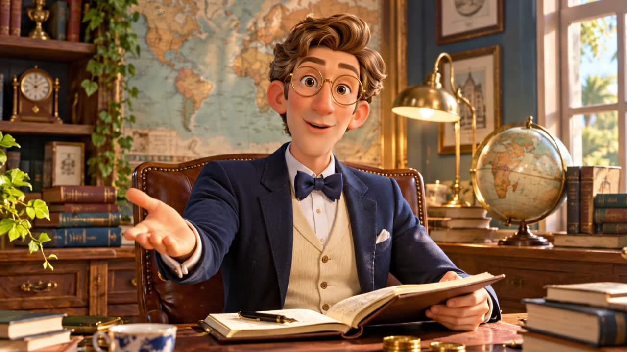The host of the CERCLE JUNIOR introduction film, seated at his desk and gesturing a welcome