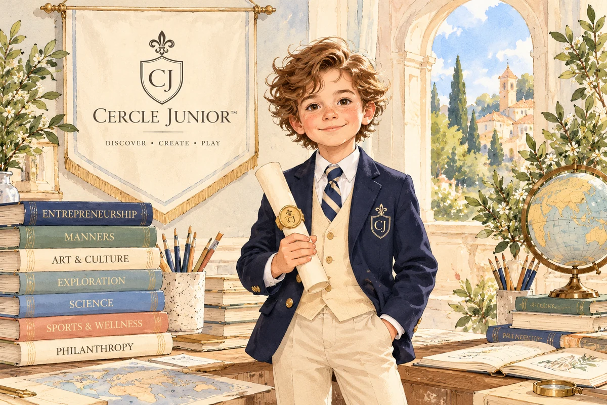 An illustrated child in a navy jacket holds a scroll, surrounded by stacked books, pencils, a globe and a view of an old European town.